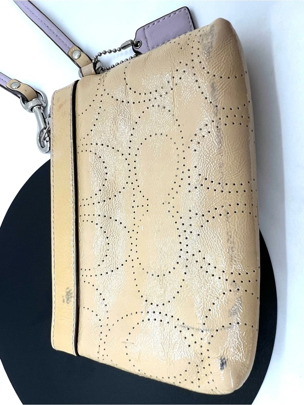 Coach Beige Patent Leather Perforated Signature C Wristlet Lilac Trim